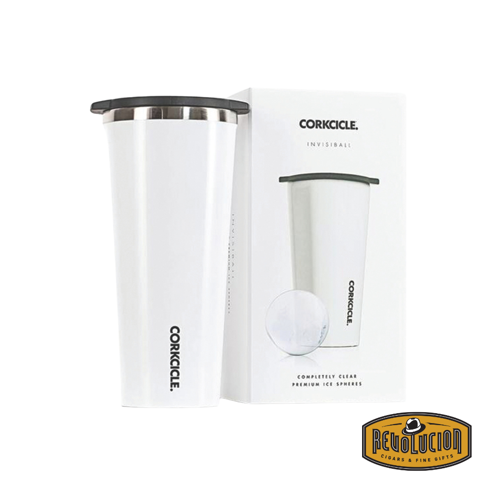 Corkcicle Invisiball Gloss White Clear Ice Ball, a premium ice-making set featuring a sleek white bottle next to its packaging, designed to create perfectly clear ice spheres for cocktails.