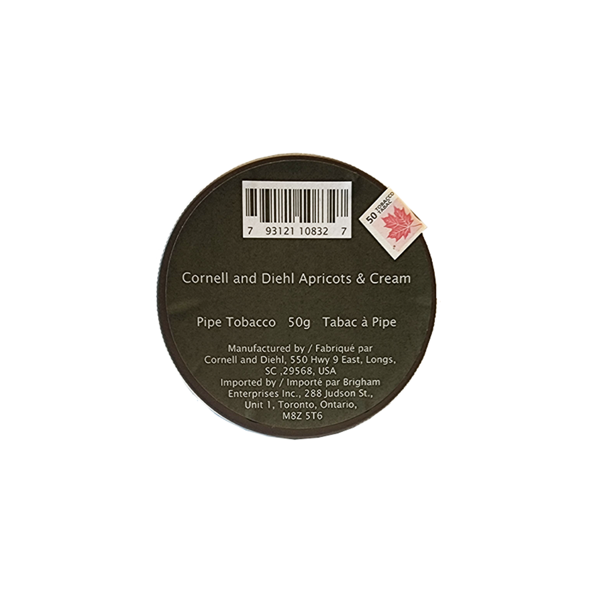 Cornell & Diehl Apricots & Cream pipe tobacco tin. The packaging highlights its mellow and fruity profile, with apricot and vanilla notes as key elements. The design is simple yet inviting, and the “Revolución” logo appears in the corner.