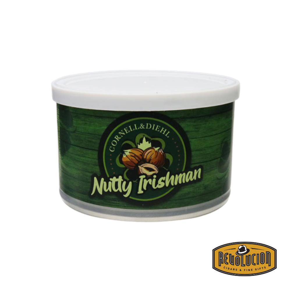 Cornell and Diehl Nutty Irishman pipe tobacco in a 50g tin, featuring a blend of burley, Virginia, and black cavendish infused with rich Irish cream and hazelnut flavors for a warm, aromatic smoke.