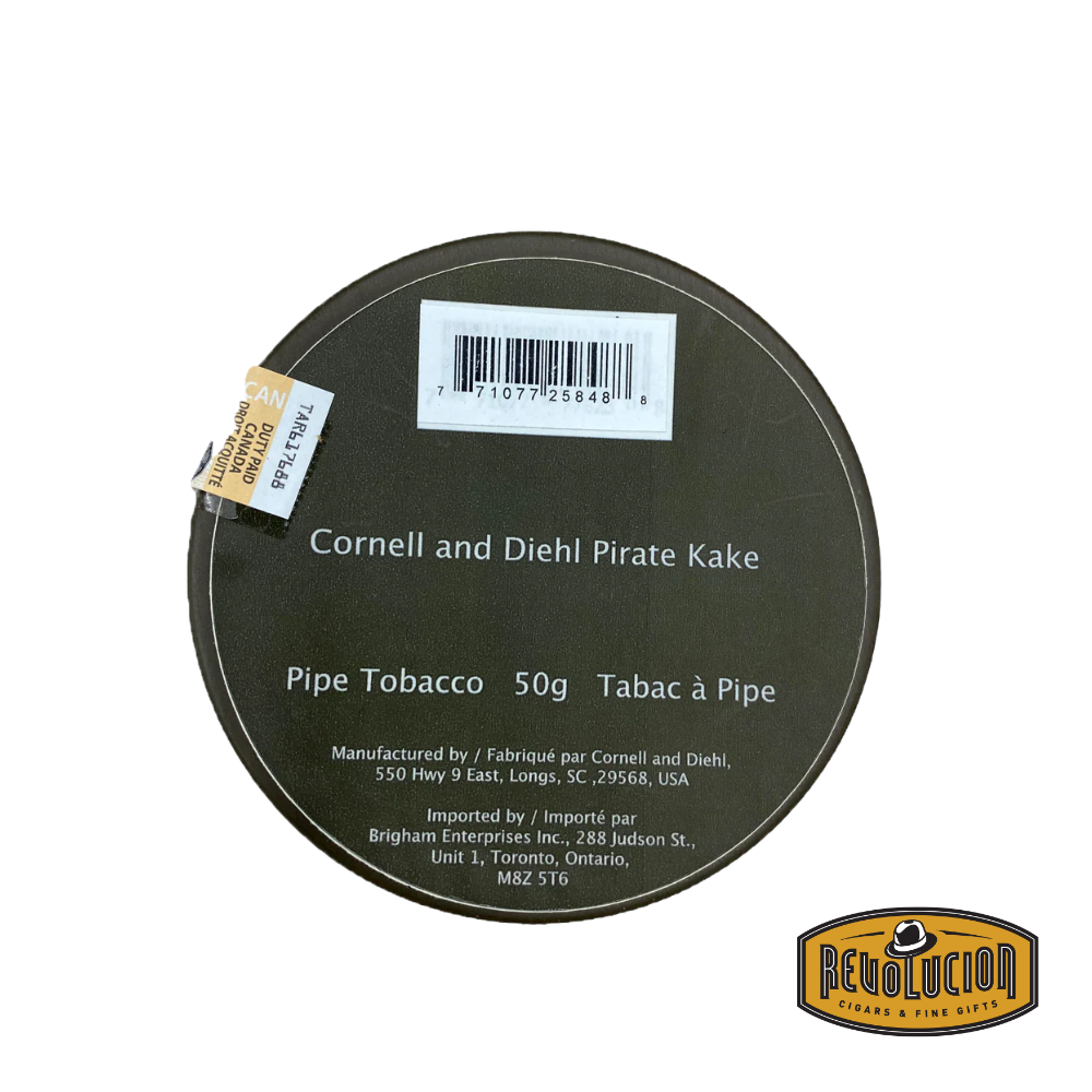 Cornell & Diehl Pirate Kake Pipe Tobacco - Canadian plain packaging with health warnings and simplified design.