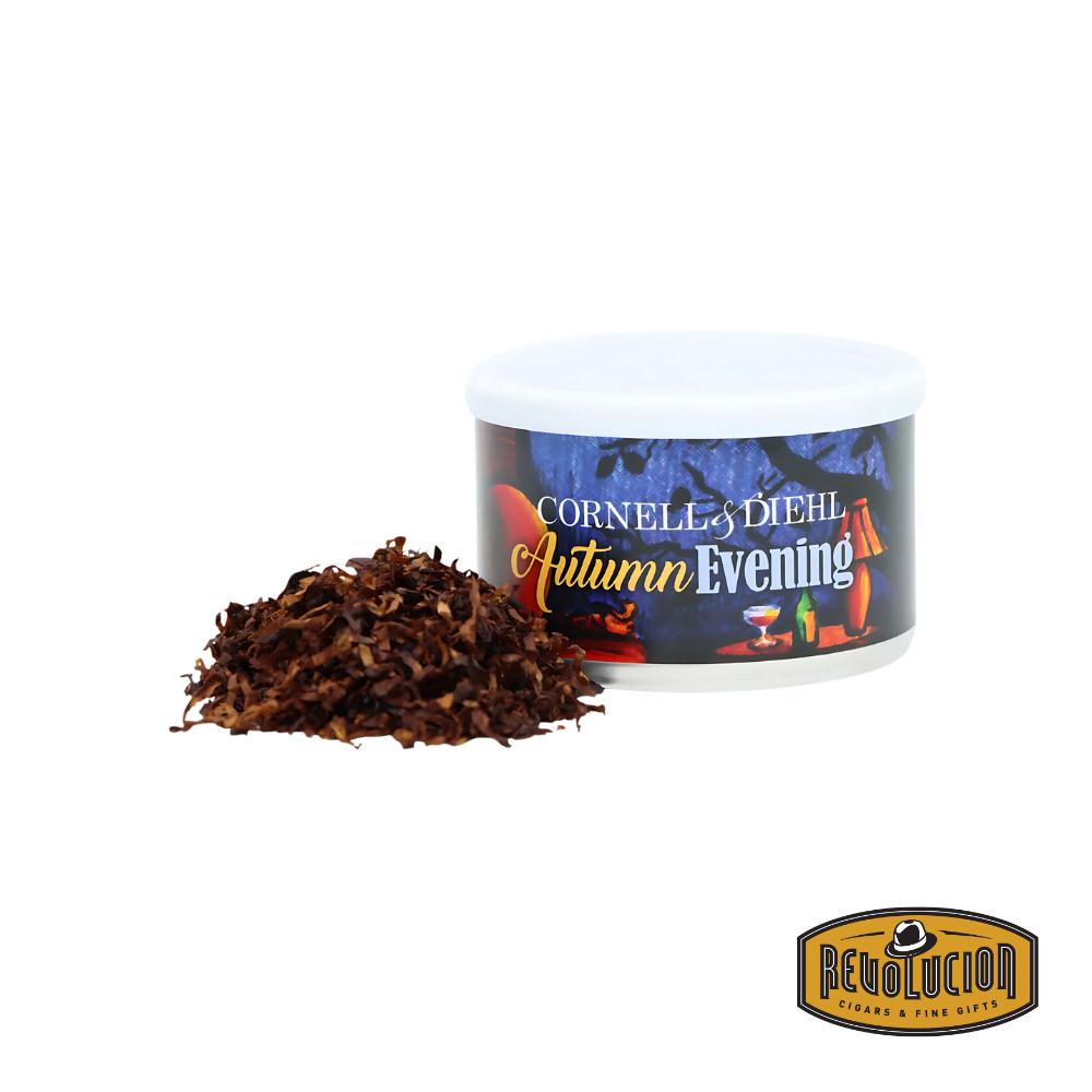 Original artwork of Cornell & Diehl Autumn Evening pipe tobacco tin. The label features a warm, autumn-themed design with rich colors evoking the essence of a cozy evening. The “Revolución” logo is visible in the corner.