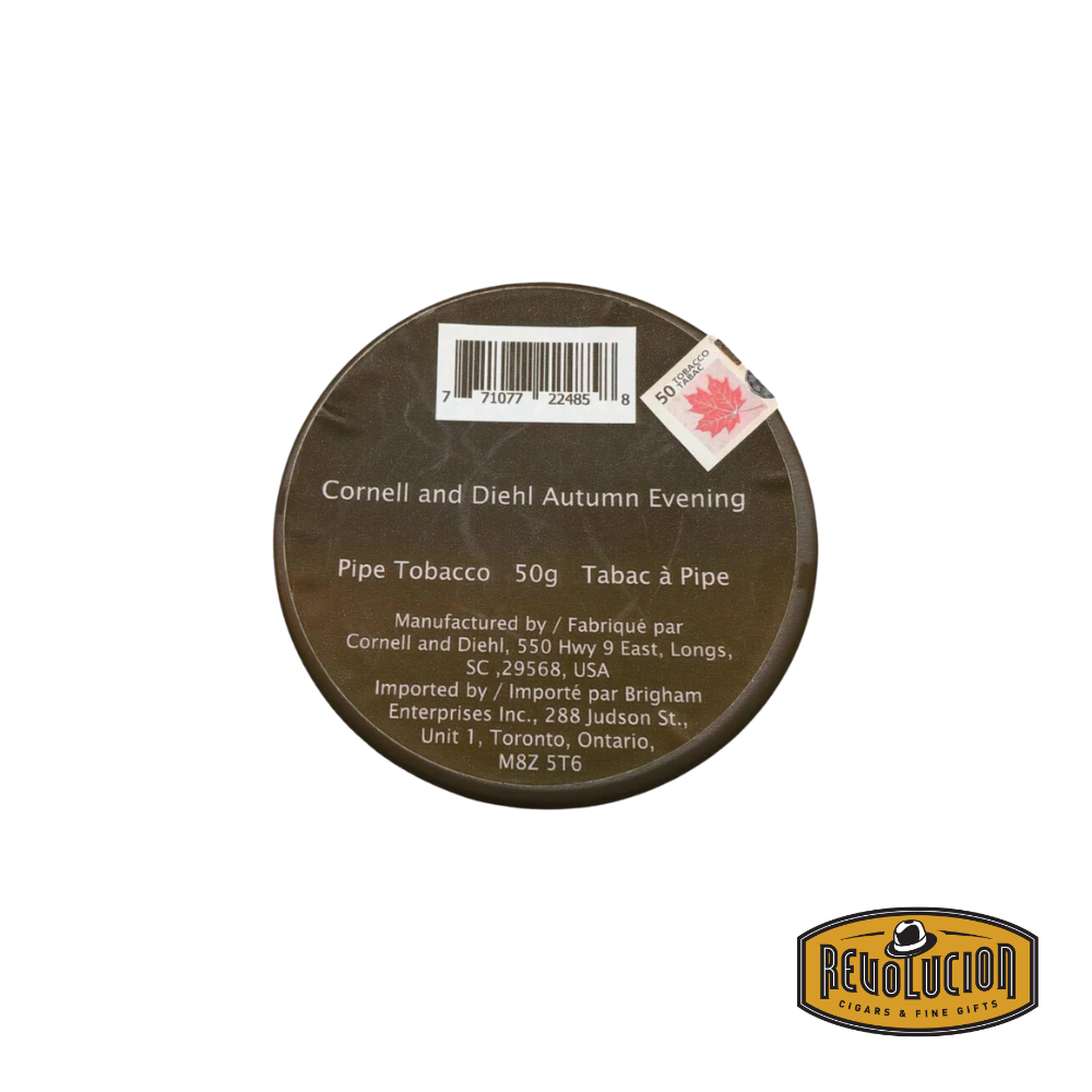 Cornell & Diehl Autumn Evening pipe tobacco tin. The packaging showcases its signature branding with a golden-yellow label, emphasizing its aromatic blend with hints of maple and vanilla. The “Revolución” logo is present in the corner.