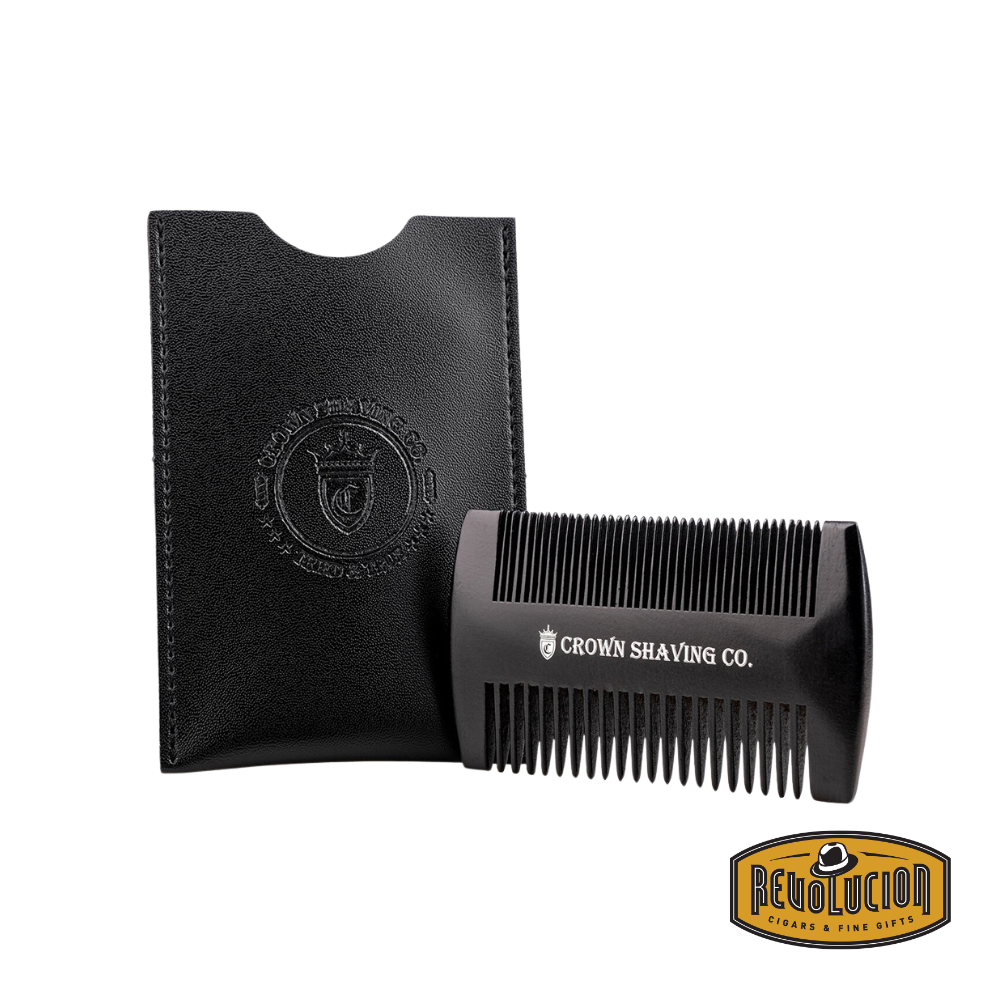 Crown Shaving beard comb placed beside its elegant black leather case.