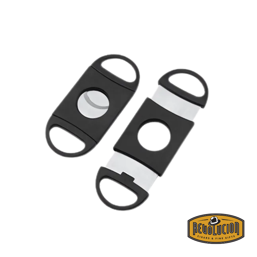 Cutter Double Blade 80R Large with black handles and stainless steel blades, shown open and closed, designed for clean and precise cigar cuts.