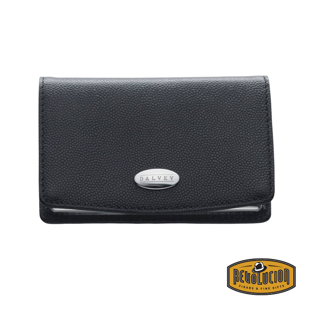 Dalvey Black Leather Business Card Case featuring a textured leather exterior and a metal logo plaque on the front, with a sleek and professional design, perfect for holding and organizing business cards.