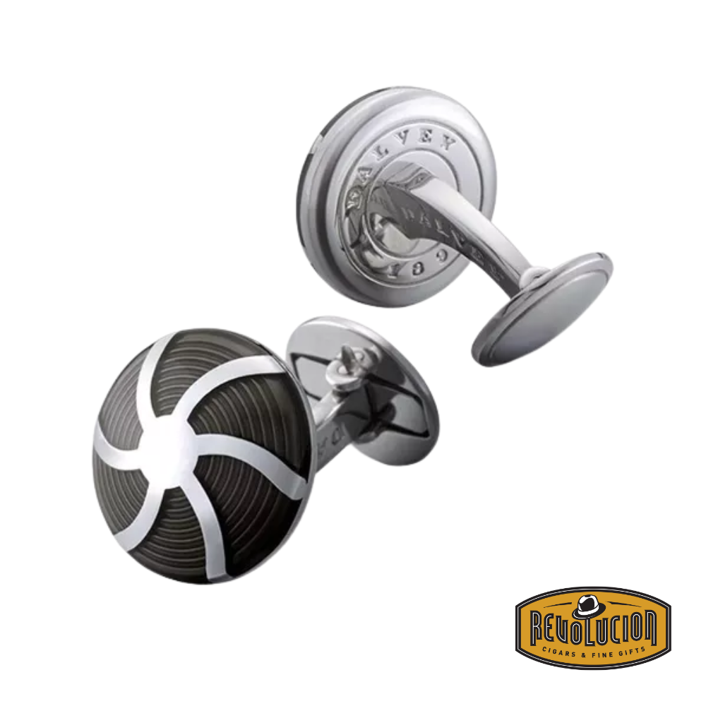 Dalvey Coriolis Cufflinks for men featuring a striking black and silver swirl design with a polished stainless steel finish, crafted for a sophisticated and modern look.