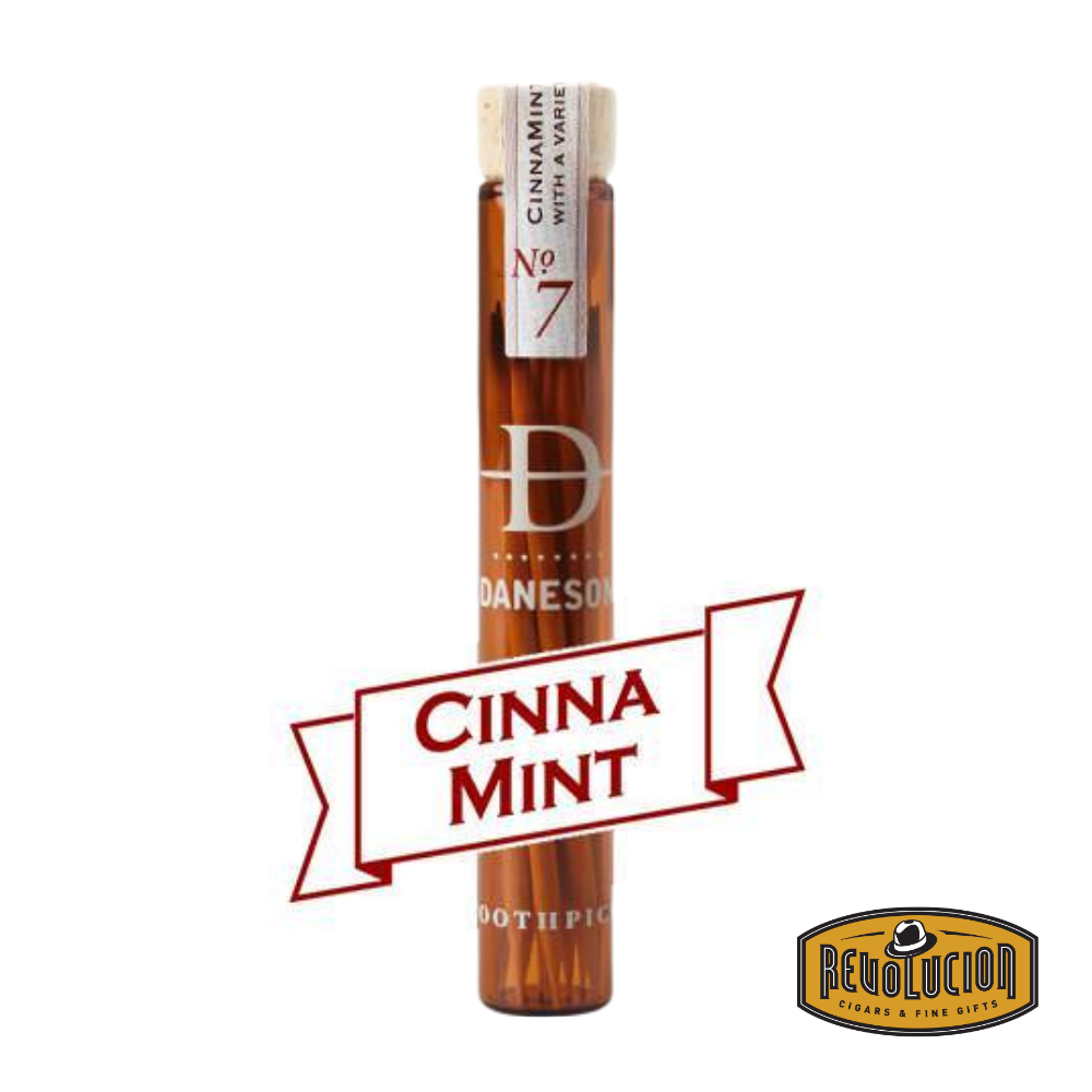A single bottle of Daneson No.07 Cinnamint Infused Toothpicks, featuring high-quality wooden picks infused with a balanced blend of warm cinnamon and refreshing mint, elegantly packaged for a refined experience.