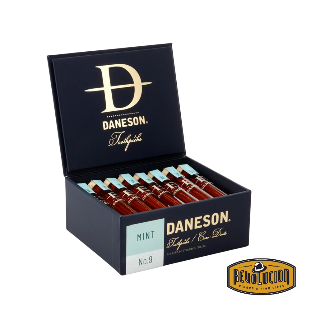 An opened flask of Daneson No.09 Mint Infused Toothpicks, showcasing finely crafted wooden toothpicks infused with a refreshing mint flavor. The sleek packaging reflects the brand’s commitment to quality and sophistication.