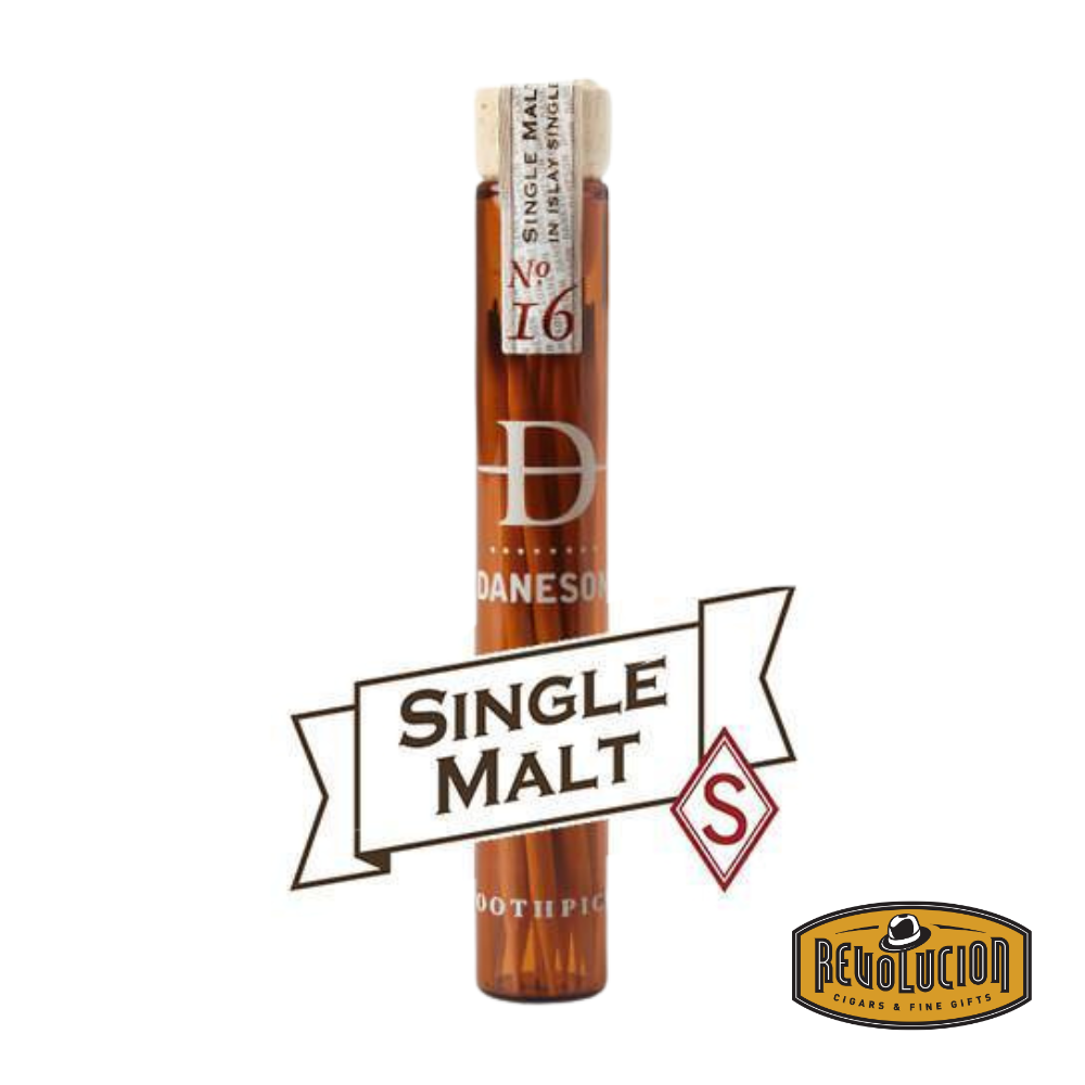 A pack of Daneson No.16 Single Malt Infused Toothpicks, elegantly packaged in a sleek, cylindrical container. These premium toothpicks are infused with the rich, smoky essence of single malt scotch, offering a refined and flavorful experience.