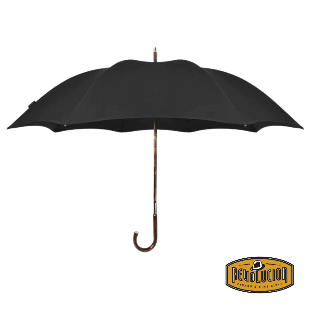 Davek Savile Umbrella in classic black, a refined accessory featuring a full-size canopy and a luxurious hand-carved wooden handle.