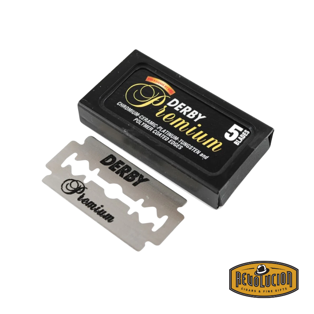 Derby Premium double edge razor blades 5-pack in black and gold packaging.