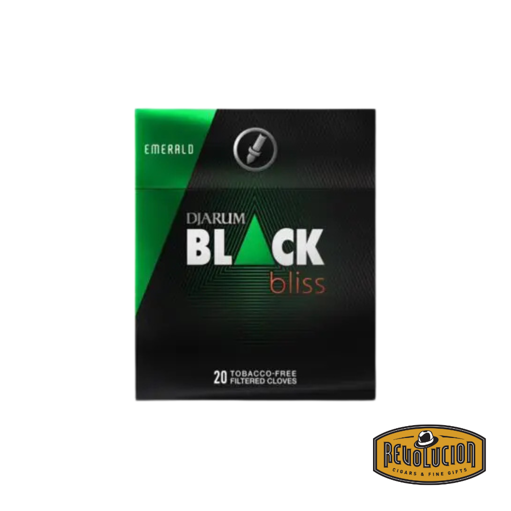 Djarum Black Bliss Emerald Herbal Clove Cigarettes in a sleek green-accented pack of 20, featuring a modern design. Tobacco-free and nicotine-free.