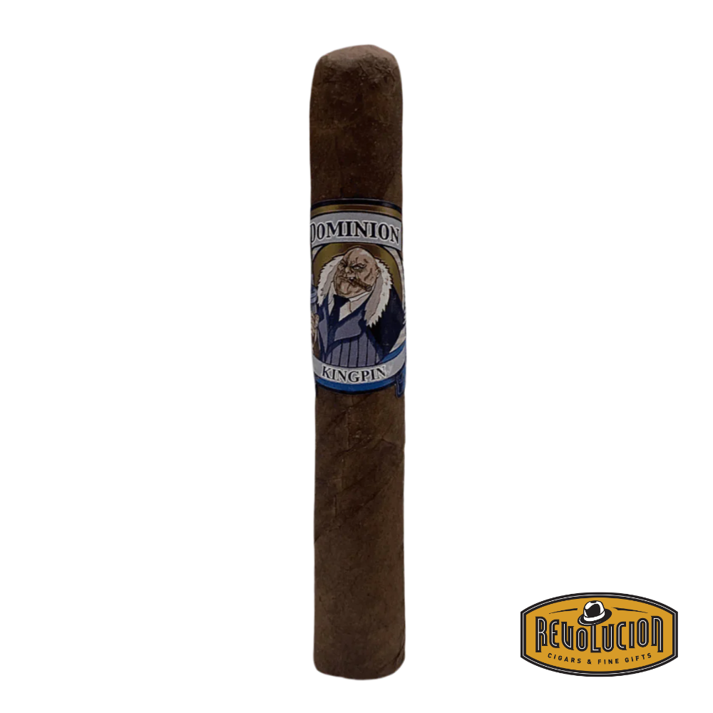 Dominion Kingpin Toro cigar featuring a medium-strength blend of Nicaraguan and Dominican tobaccos with a smooth, earthy profile.