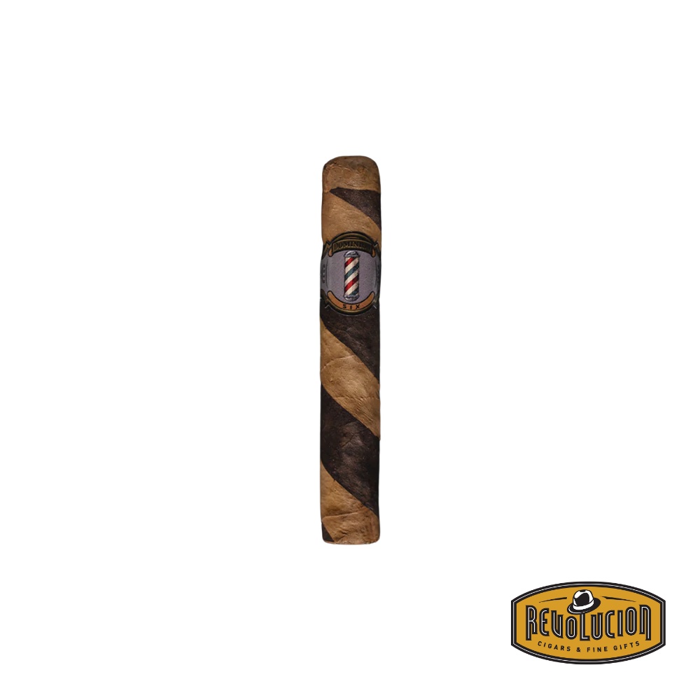 Dominion The Barber Robusto Medium Strength Dominican Cigar on a white background with the Revolucion logo, showcasing its classic robusto shape and smooth, medium-brown wrapper.