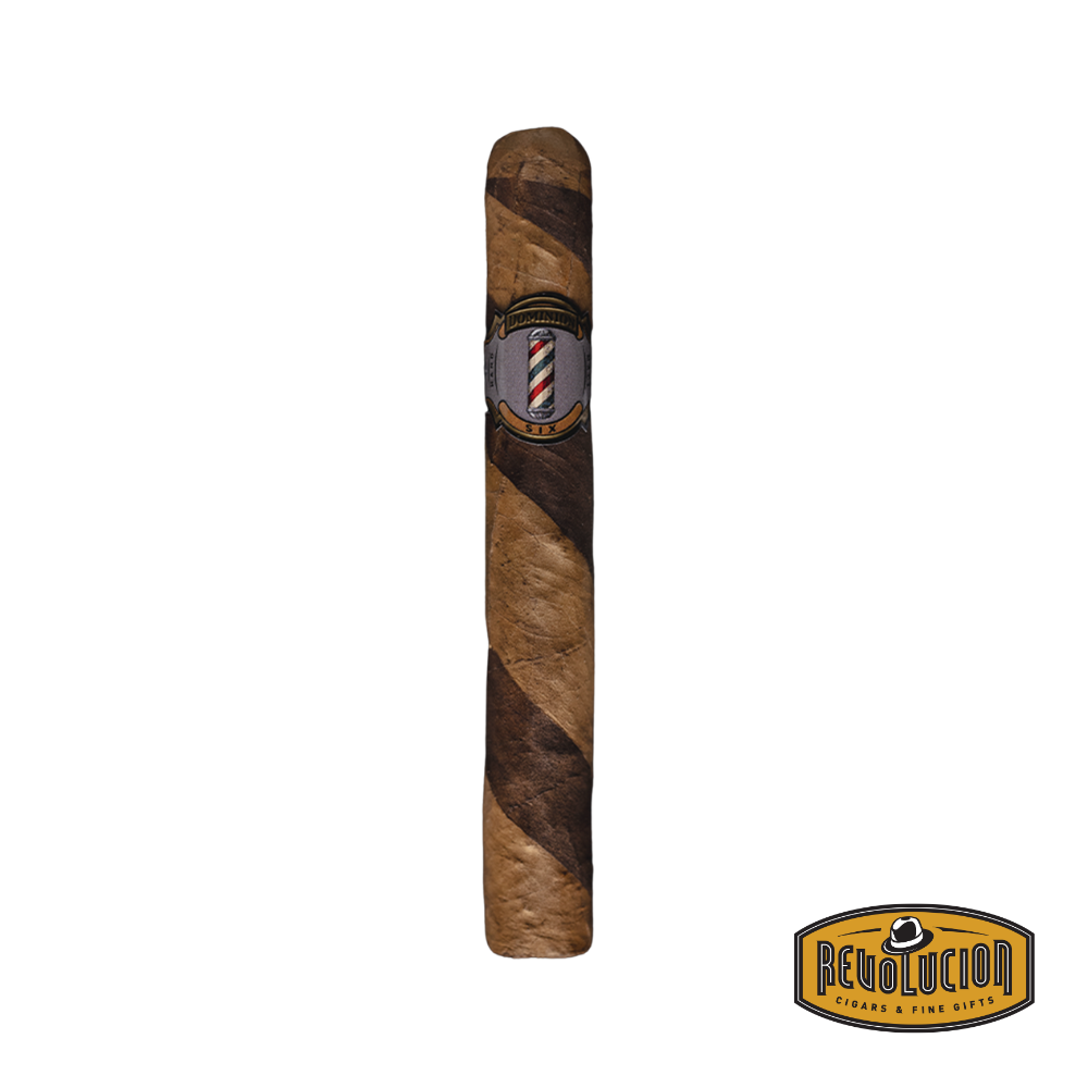 Dominion The Barber Toro Medium Strength Dominican Cigar on a white background with the Revolucion logo, highlighting its toro shape and rich, medium-brown wrapper.
