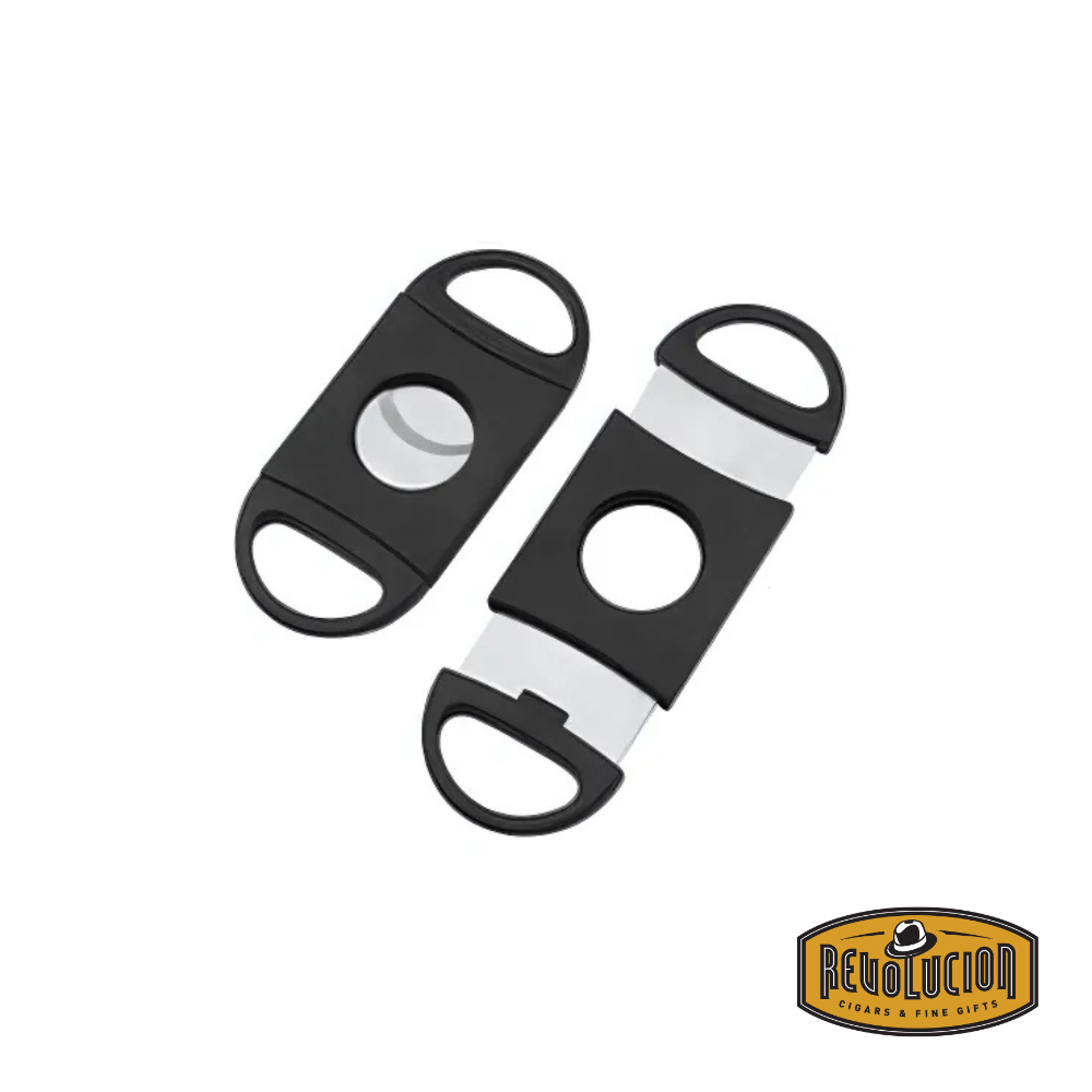 A sleek stainless steel cigar cutter with dual sharp blades, designed for precision cutting.