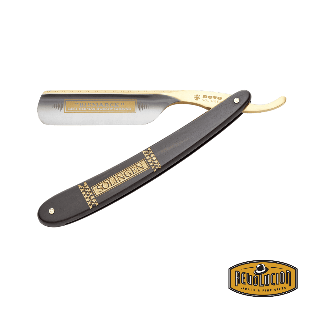 Front view of Dovo Bismarck straight razor with ebony wood handle.
