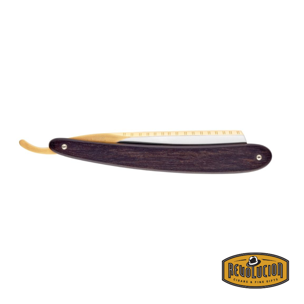 Front view of Dovo Bismarck straight razor with ebony wood handle.