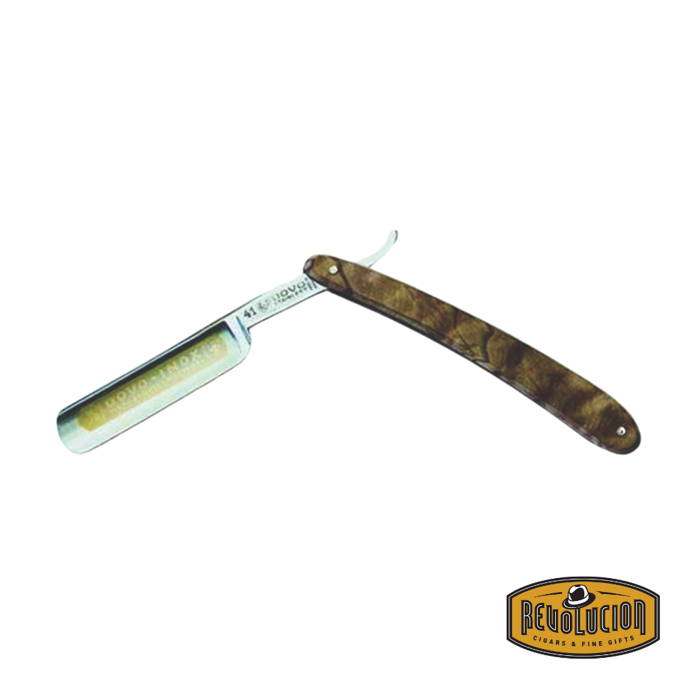 Dovo Inox 5/8" Straight Razor – open view with stainless steel blade and olive wood handle.