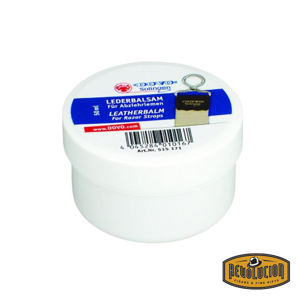 Front view of Dovo Leather Balm for Razor Strops, showing the product container and label.