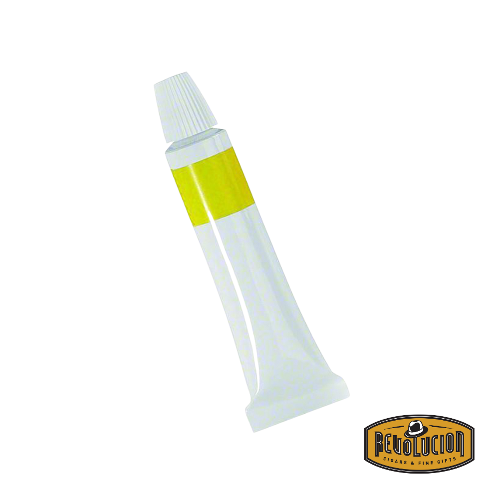 Front view of the Dovo Strop Paste Yellow tube used for maintaining razor strops.