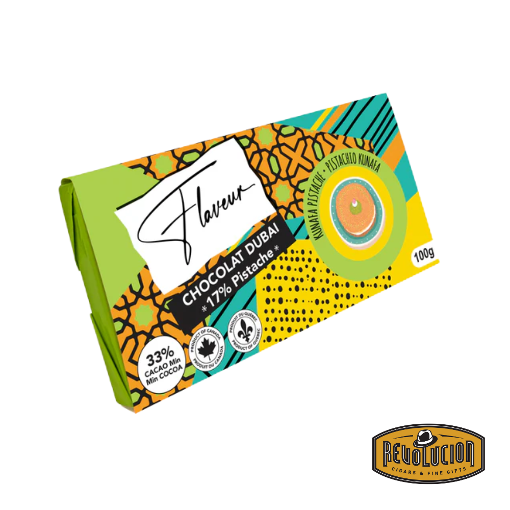 Dubai Chocolate Milk Chocolate Bar filled with Pistachio Kunafa, featuring a smooth outer layer of milk chocolate and a rich green pistachio-kunafa filling visible in the cross-section.