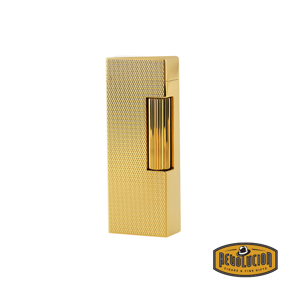 Front view of the Dunhill Barley Rollagas Gold Plate Lighter, displaying its refined barley pattern and luxurious gold-plated finish, with the Revolucion logo in the corner.