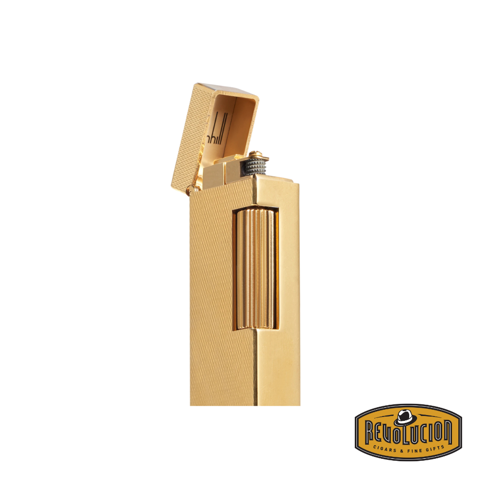 Opened view of the Dunhill Barley Rollagas Gold Plate Lighter, revealing its precision-engineered flame mechanism, exuding sophistication and class.