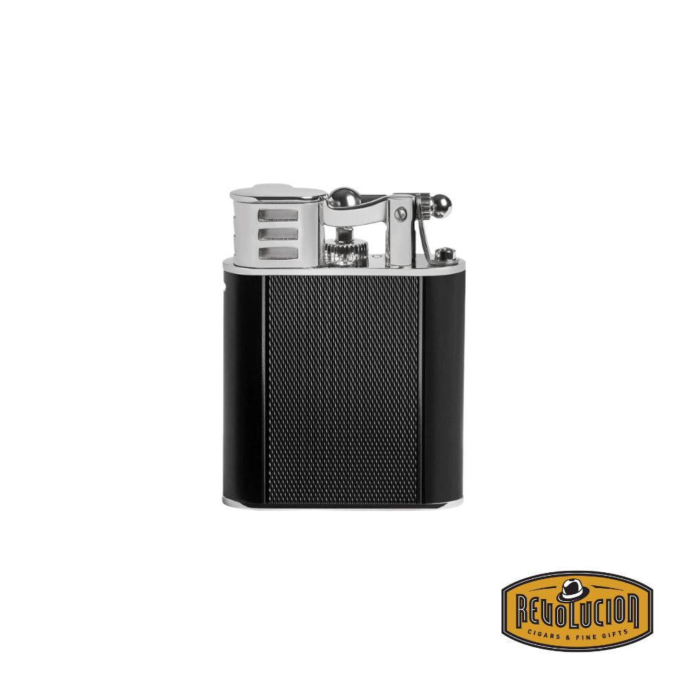 Front view of the Dunhill Black Barley Turbo Lighter, featuring a sleek black barley-textured finish with a luxurious and refined design, with the Revolucion logo in the corner.