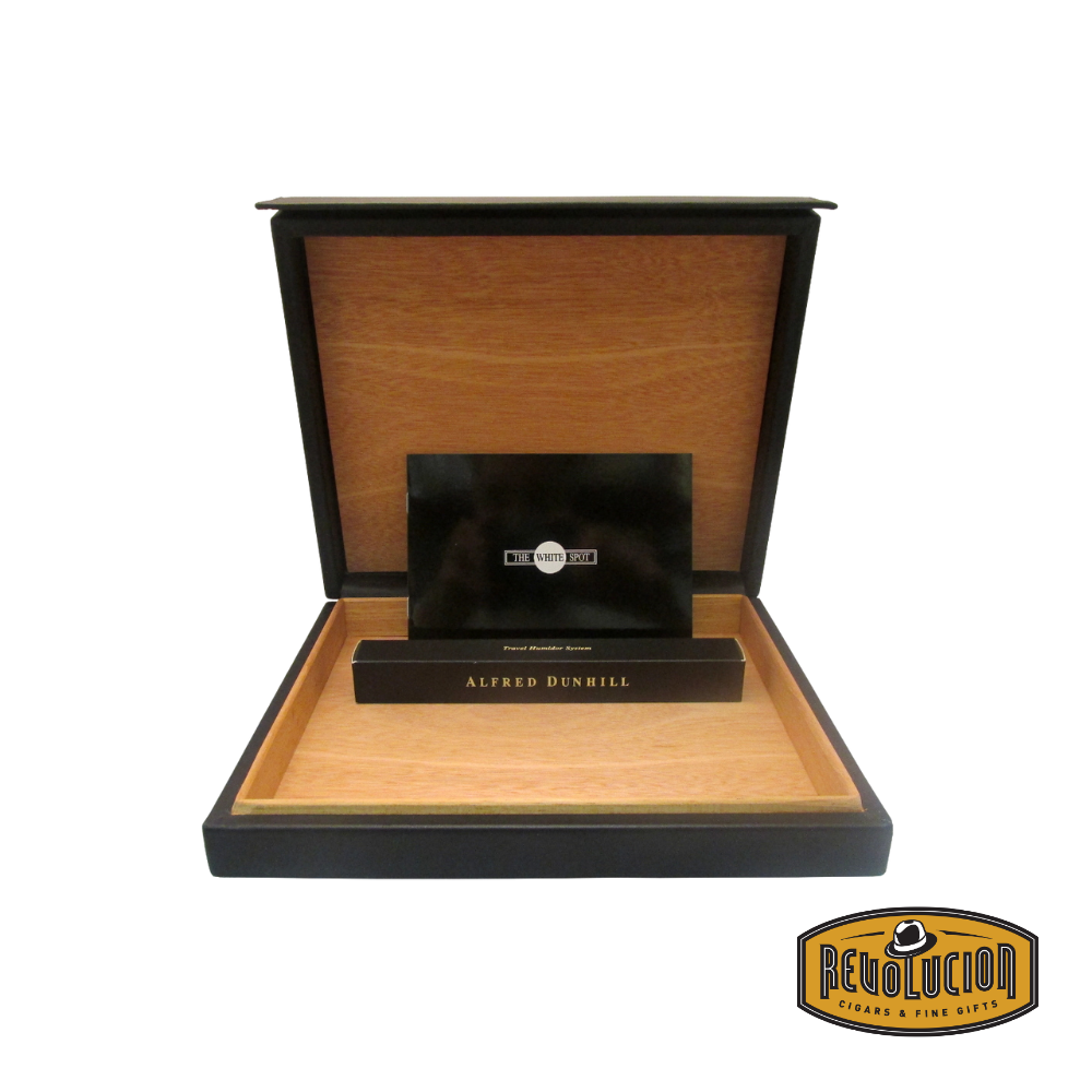 Opened Dunhill Black Leather White Spot Travel Humidor Cigar Case, showcasing a cedar-lined interior designed to protect and preserve premium cigars while on the go.