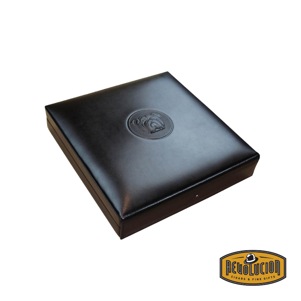 Closed Dunhill Bulldog Travel Humidor Black - 10 Count, featuring a sleek black finish and the iconic bulldog logo on the lid.
