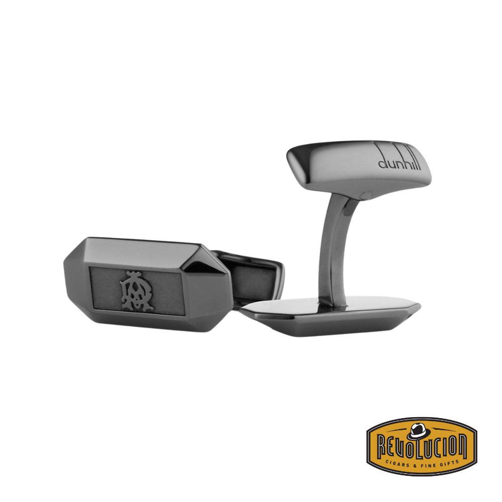 Elegant Dunhill cufflinks in a ruthenium prism design, featuring a sleek geometric structure with a dark metallic finish, perfect for adding a touch of modern sophistication to any formal attire.