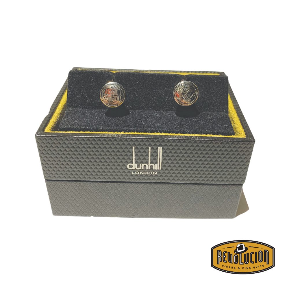 Front view of Dunhill cufflinks with the Dunhill logo, emphasizing their sophisticated appeal and luxurious detailing