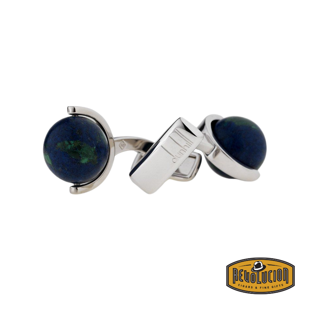 Dunhill Earth cufflinks featuring deep blue spherical stones with green natural patterns, set in a polished silver frame with the Dunhill logo engraved.