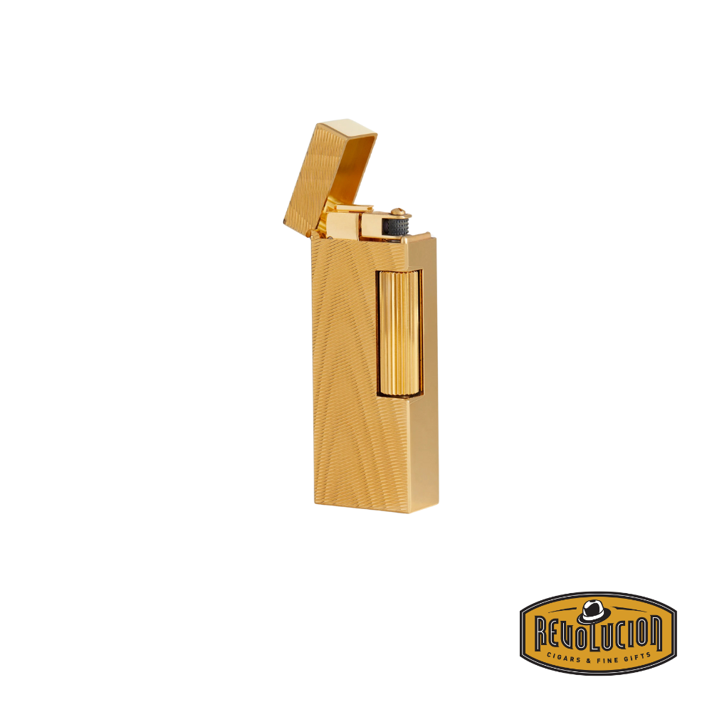 Opened Dunhill Moire Rollagas Gold Plate Lighter, revealing its precision-engineered ignition system and elegant design, with the Revolucion logo in the corner.