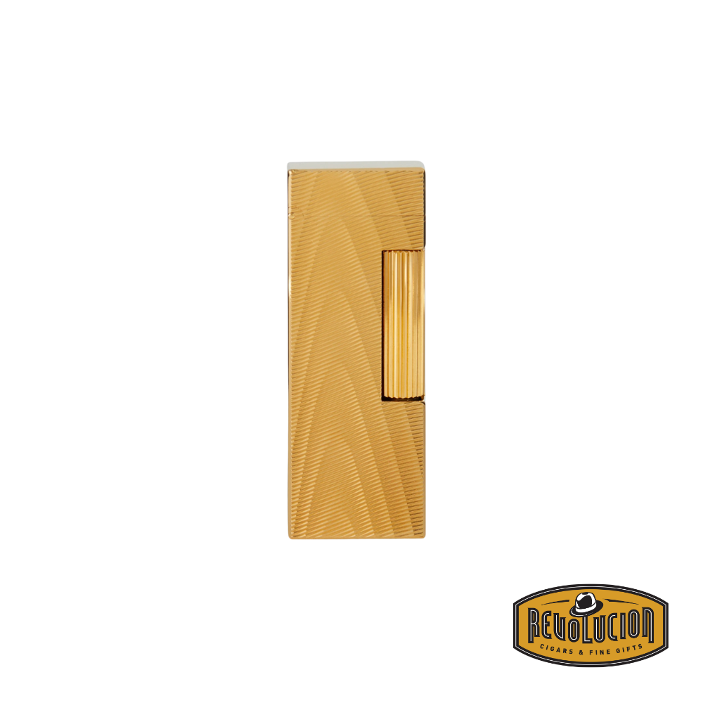 Front view of the Dunhill Moire Rollagas Gold Plate Lighter, showcasing its exquisite moiré pattern and gold-plated finish, with the Revolucion logo in the corner.