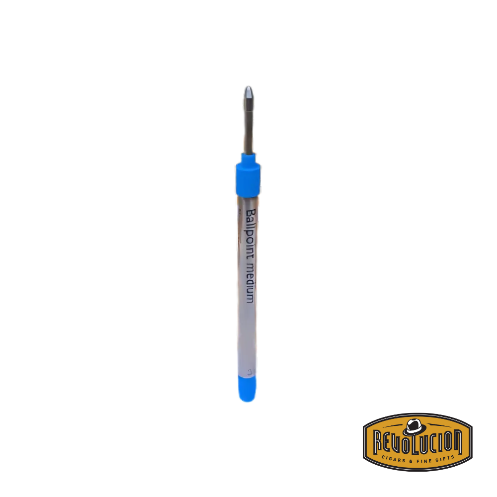 Dunhill Blue Medium ballpoint pen refill with black barrel and blue band, designed for Alfred Dunhill writing instruments.