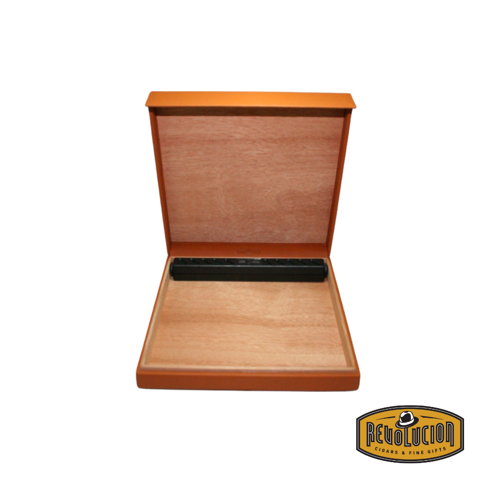 Opened Dunhill Terracotta Travel Humidor displaying its interior, designed to securely hold up to 10 cigars while maintaining ideal humidity.