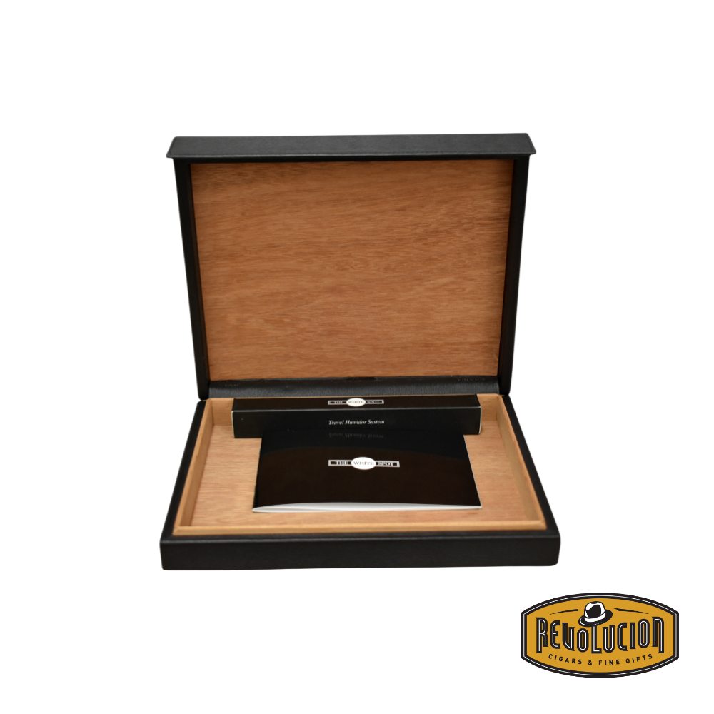 Opened Dunhill White Spot Sidecar Travel Humidor showcasing its interior, designed to securely store and preserve cigars while traveling.
