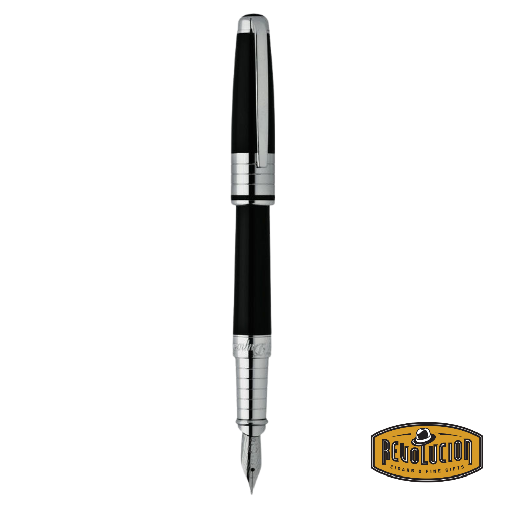 A sleek, full-length image of the Dupont Olympio Medium fountain pen, with a glossy black lacquer body complemented by polished palladium accents and a distinguished clip design.
