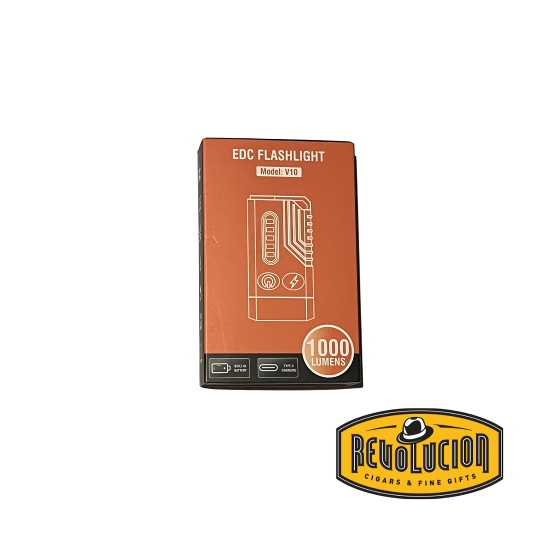 EDC Small Powerful Flashlight displayed alongside its packaging box.