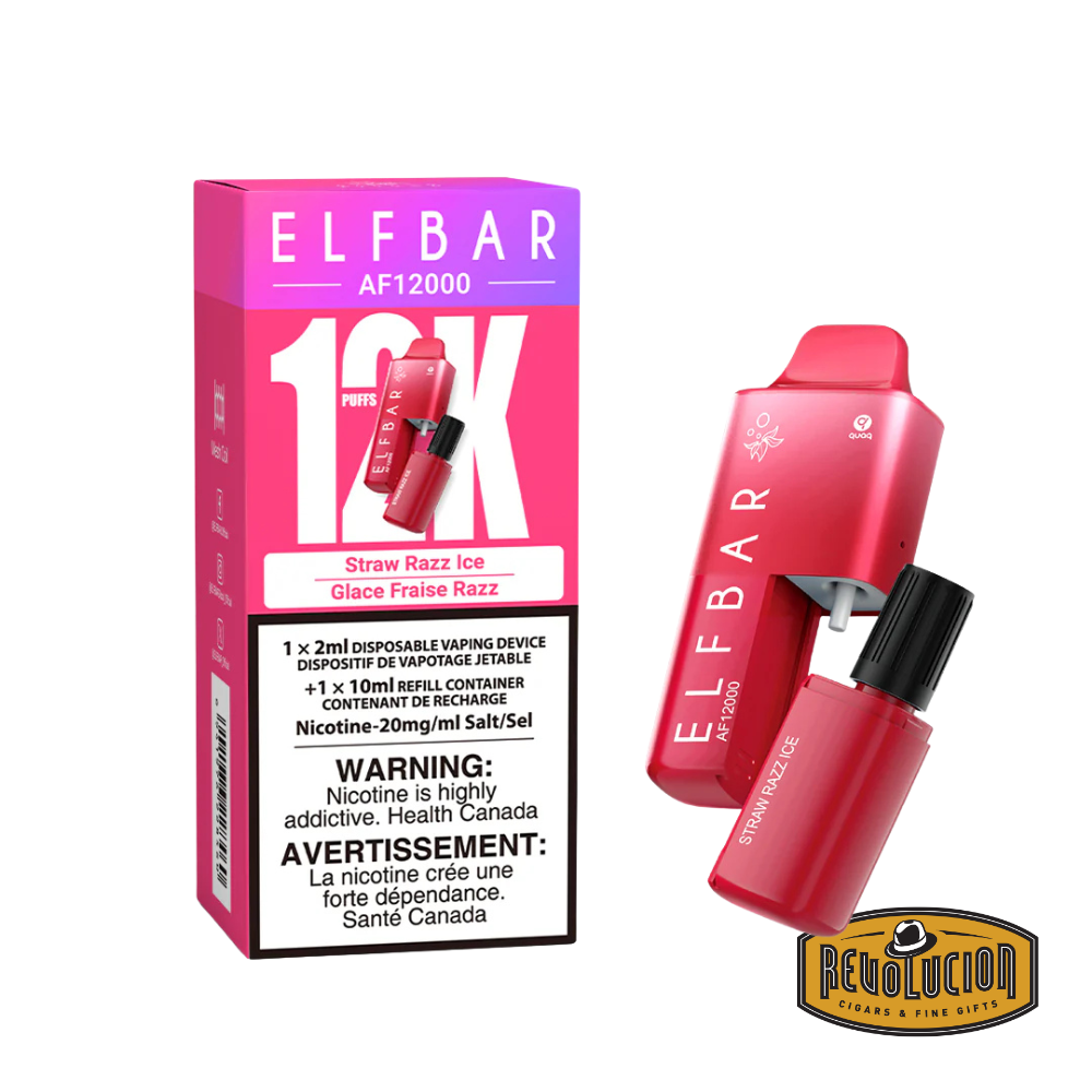 ELF Bar 12000 Straw Razz Ice 20mg/ml disposable vape, blending sweet strawberries and tangy raspberries with a cool menthol finish in a high-capacity, rechargeable device.