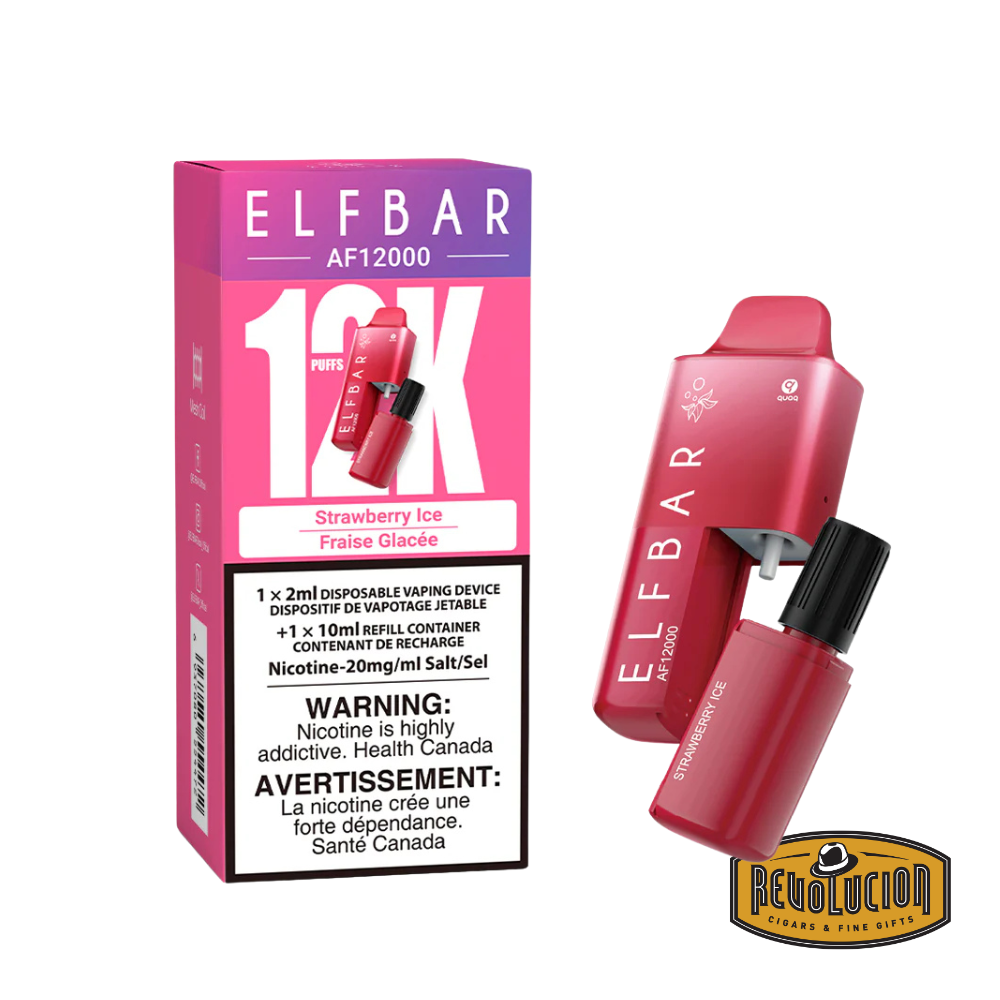ELF Bar 12000 Strawberry Ice 20mg/ml disposable vape, offering the sweet taste of ripe strawberries with a cool menthol finish in a high-capacity, rechargeable device.
