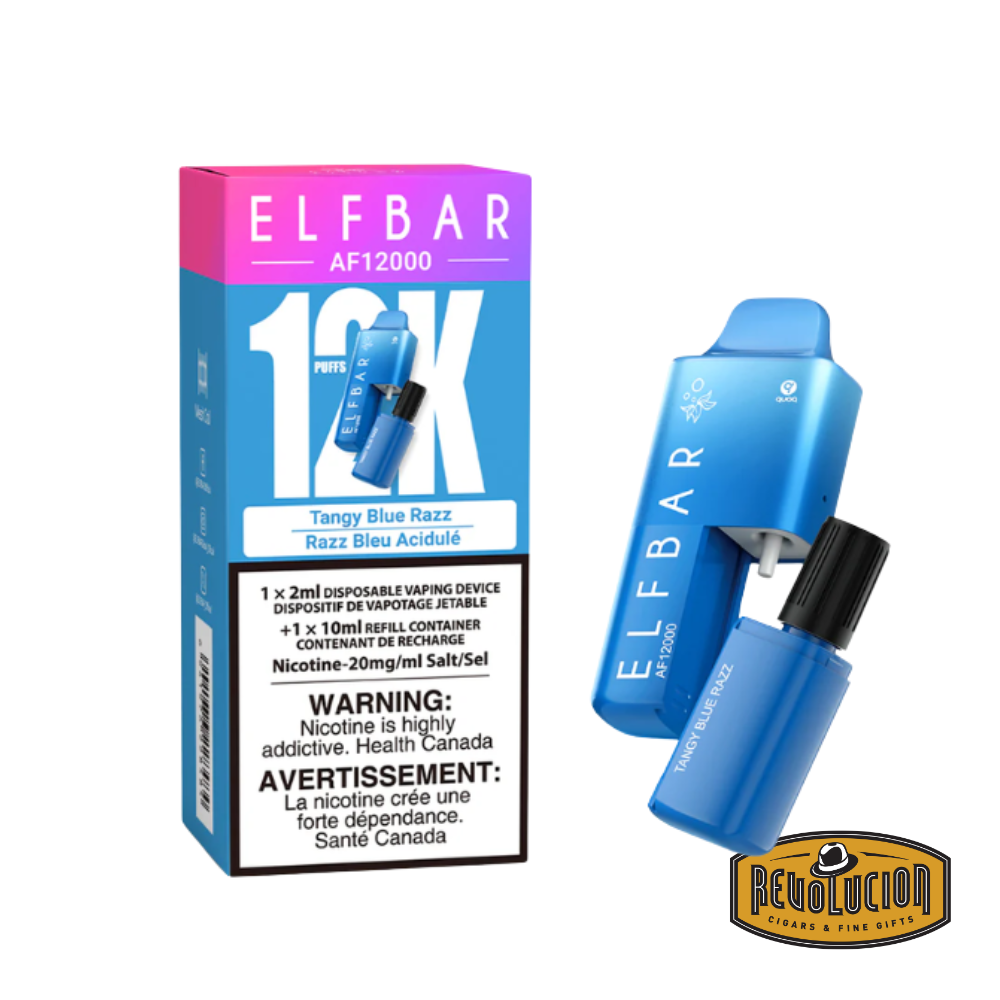 ELF Bar 12000 Tangy Blue Razz 20mg/ml disposable vape, featuring a bold burst of tangy blue raspberry flavor in a sleek, high-capacity device.
