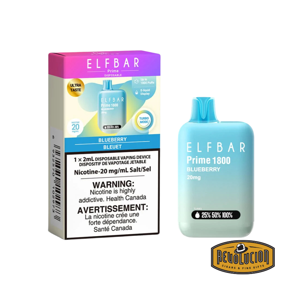 ELF Bar Prime 1800 Blueberry 20mg/ml disposable vape, delivering a smooth and sweet blueberry flavor in a compact, high-capacity device.
