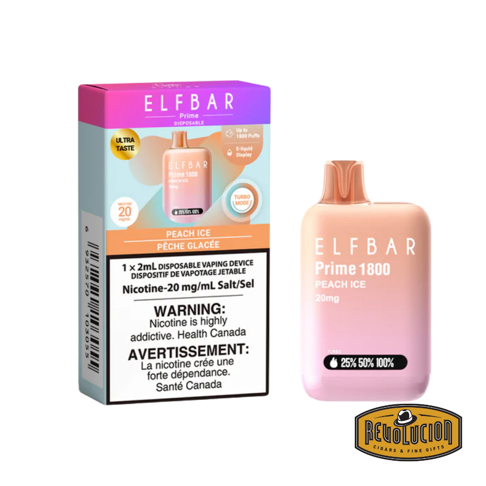 ELF Bar Prime 1800 Peach Ice 20mg/ml disposable vape, combining sweet peach flavor with a cool icy finish in a sleek, high-capacity device.