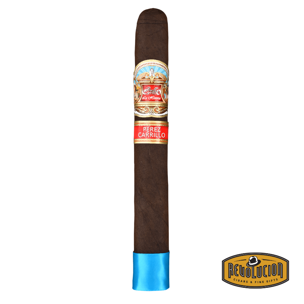 EP Carrillo La Historia E-III Churchill cigar on a white background with the Revolucion logo, showcasing its dark, oily wrapper and ornate band.