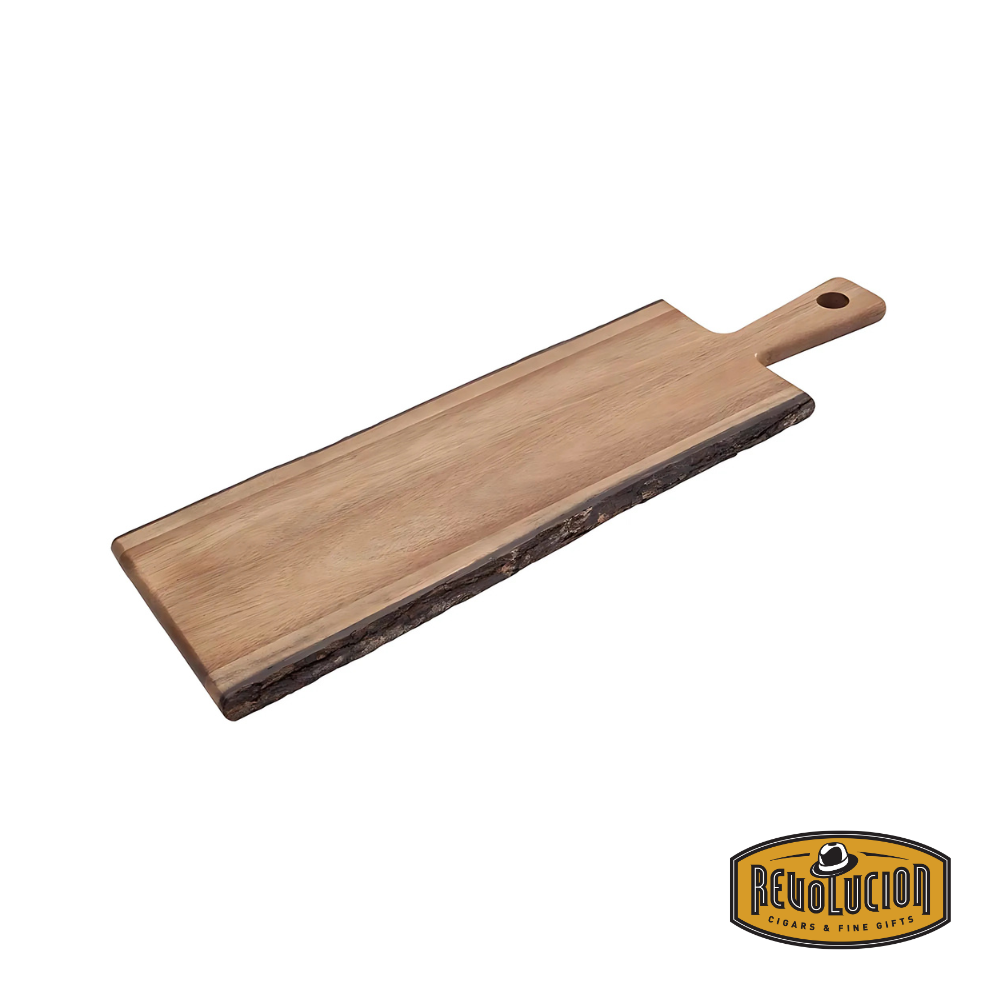 Wooden Edge serving board with a natural grain finish and a sleek handle, placed elegantly on a kitchen surface ready for entertaining.