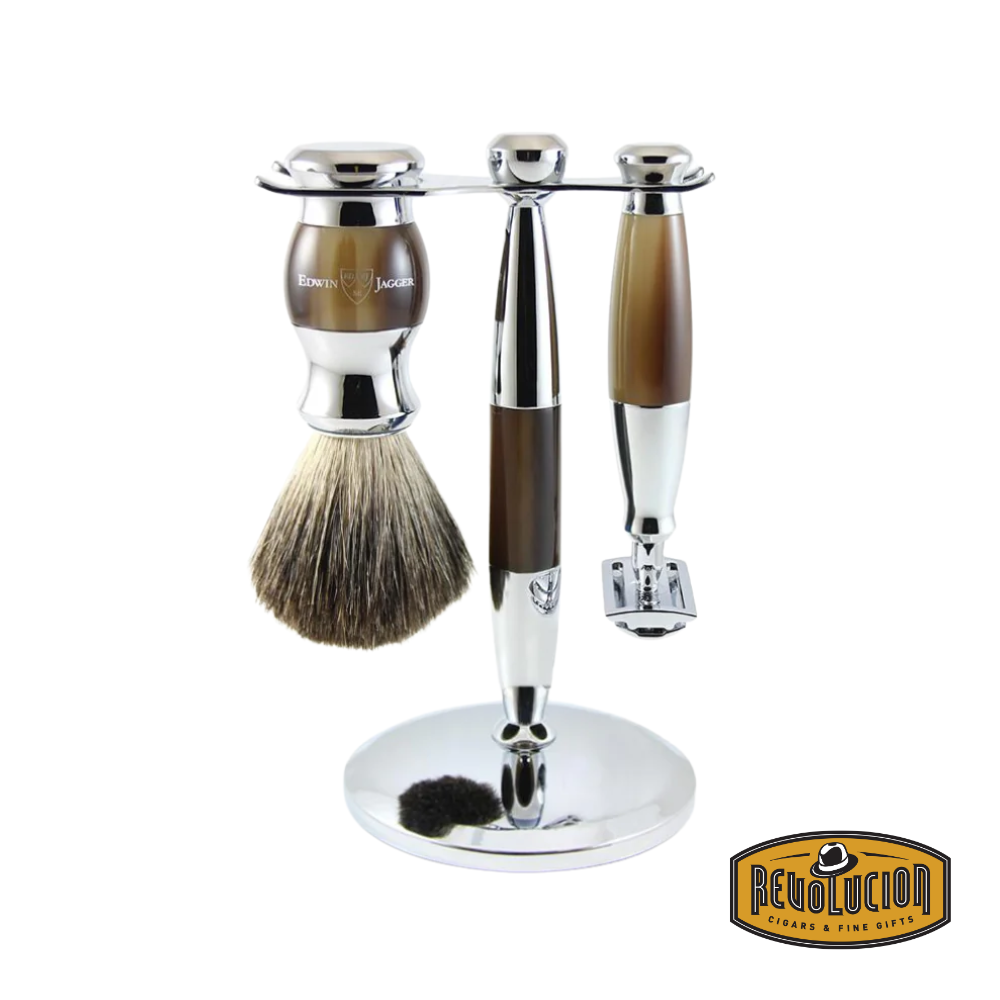 Edwin Jagger 3-piece DE shaving set with light horn handles, chrome accents, and Best Badger brush.