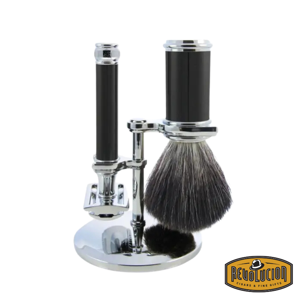 Edwin Jagger 3-piece double edge razor shaving set with ebony black handle and synthetic brush.